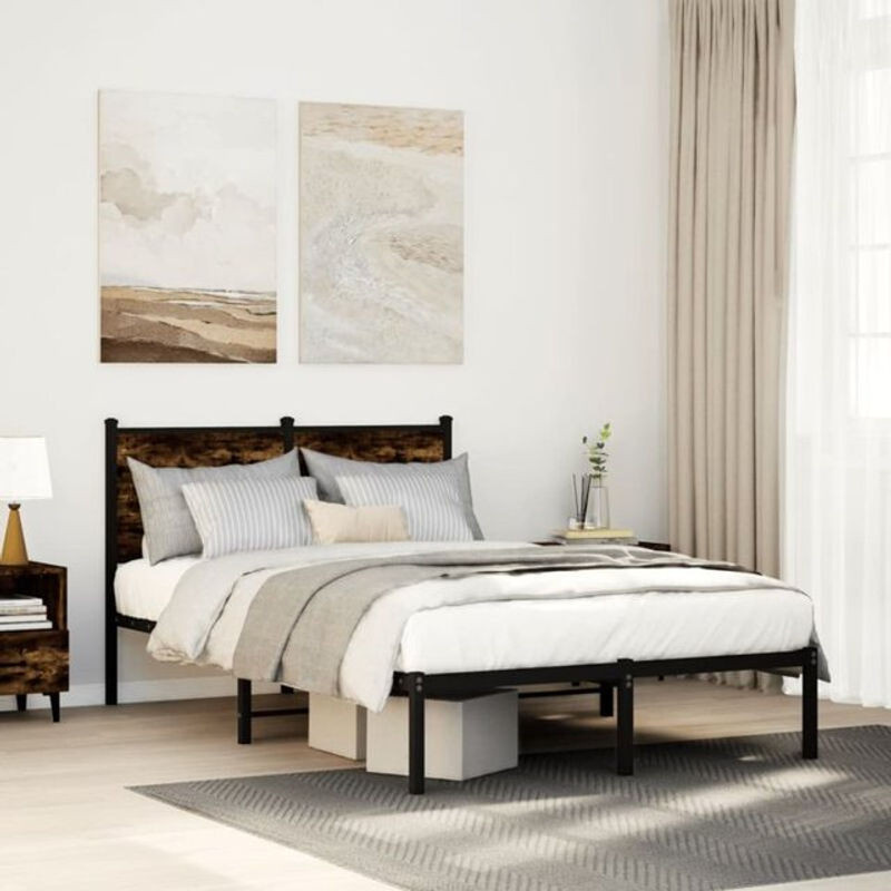 Metallbett Vidaxl in Räuchereiche und Braun im Industrial Design, B/T/H: 120 x 200 x 91,5 cm - Bild 1