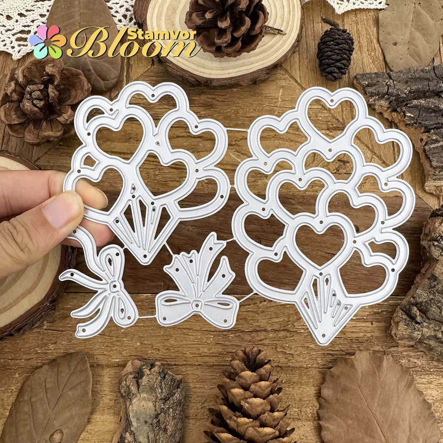 Metall Stanzformen für Scrapbooking mit Valentinstag-Motiven, Luftballons und Schleifen in Silber - Bild 4