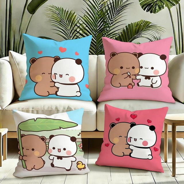 P-Panda Bubu und Dudu Kissenbezug aus Plüsch, wendbares quadratisches Kissen in Weiß und Multicolour, Breite: 30 cm, Höhe: 30 cm, Tiefe: 30 cm - Bild 1