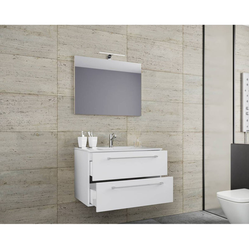 VCM Badinos 3-tlg. Badmöbel Set hängend in Weiss mit Keramik-Waschtisch und Spiegel B/H/T: 80 x 50 x 46 cm - Bild 2