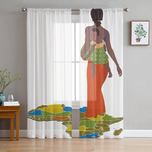 A Family Of Home Textiles Sheer Tüll-Fenstervorhänge mit afrikanischem Frauen-Motiv, Transparent, Mehrfarbig, B: 135 cm, H: 213 cm, 2er-Set - Bild 1
