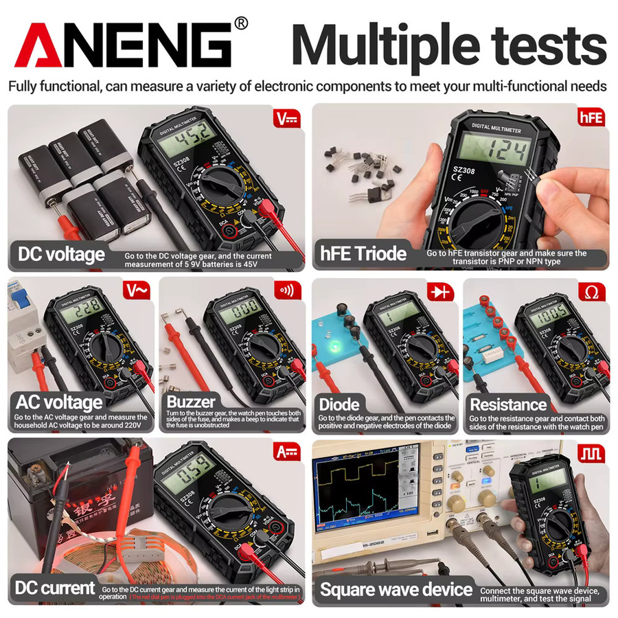 ANENG SZ308 Digitales Multimeter Hochpräzises Multifunktions-Messgerät für AC/DC Spannung, Strom, HFE-Trioden und Widerstand in Rot und Schwarz - Bild 5