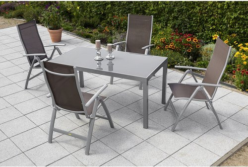 Merxx Gartenmöbelset Carrara 5-teilig aus Aluminium und Textil in Silber und Taupe mit Sicherheitsglas-Tischplatte - Bild 1