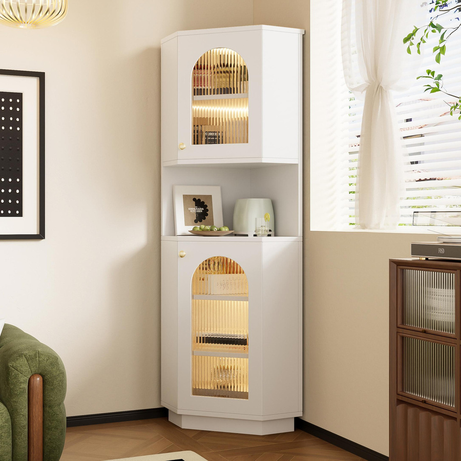 Moderner Eck-Badschrank in Weiß mit integrierter Lichtleiste und Glastüren, B/T/H: 45 x 45 x 166,5 cm - Bild 2