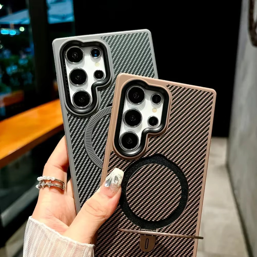 Magnetische Handyhülle aus Carbon Faser und Leder für Samsung Galaxy S25 Ultra und S24 Ultra mit Ringhalter in Gold - Bild 2