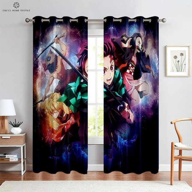 Yiran Furniture Vorhänge mit japanischen Cartoon-Prints für Kinder, 2er-Set, Mehrfarbig, B: 110 cm, H: 240 cm - Bild 1
