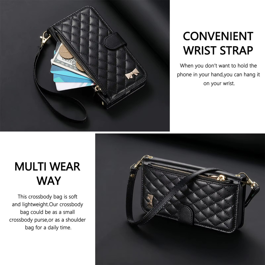 Samsung Crossbody Handyhülle aus PU-Leder mit Reißverschluss und Handgelenk-Gurt als Brieftasche für Galaxy S25 Plus S24 FE S23 Ultra S22 A56 5G A54 in Schwarz oder Weiß - Bild 5