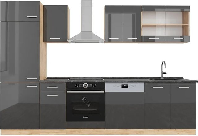 Vicco R-Line Küchenzeile Anthrazit Hochglanz und Goldkraft Eiche, Breite: 300 cm, Höhe: 207 cm, Tiefe: 60 cm - Bild 1