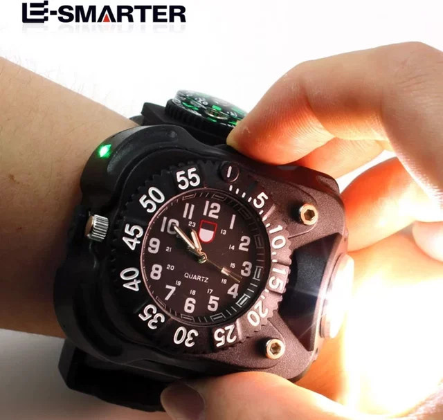 ESMARTER Wiederaufladbares LED-Handgelenklicht in Schwarz mit Uhrfunktion und Silikonarmband für Outdoor und Sport - Bild 1
