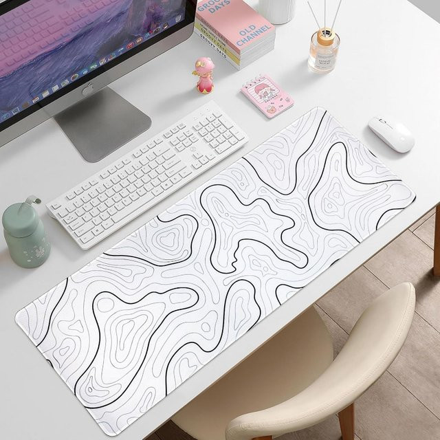 Großes Gaming-Mauspad mit weißem Topo-Grafikdesign für Schreibtisch, Mauspad und Tastaturpad für Gaming und Office - Bild 1