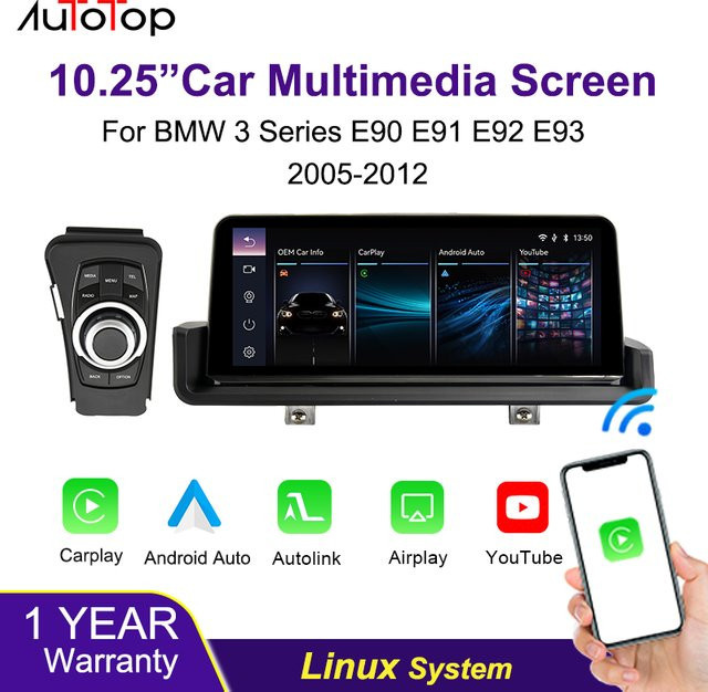 AUTOTOP 10,25 Zoll Linux Android Auto Touchscreen für BMW 3er E90 E91 E92 E93 (2005-2012) mit iDrive und drahtlosem CarPlay in Schwarz - Bild 1