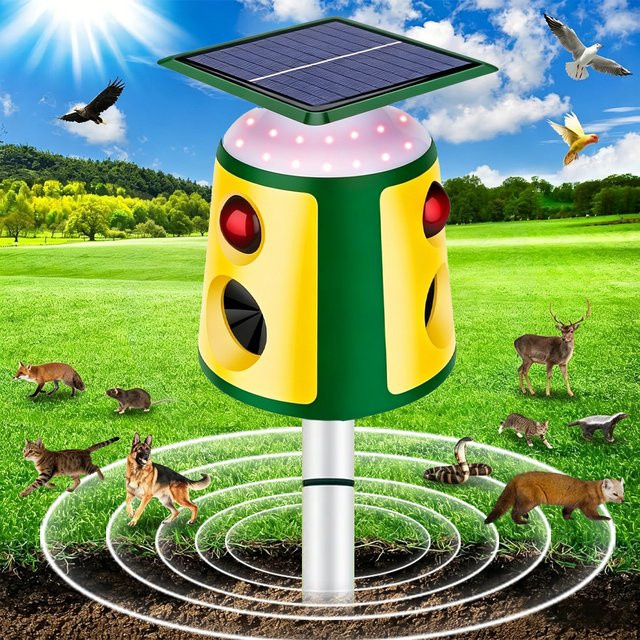 SAIJZEK Solarbetriebener Tiervertreiber mit 360-Grad-Infrarotsensor und LED-Taschenlampe zur Abwehr von Nagetieren und Vögeln im Garten - Bild 1
