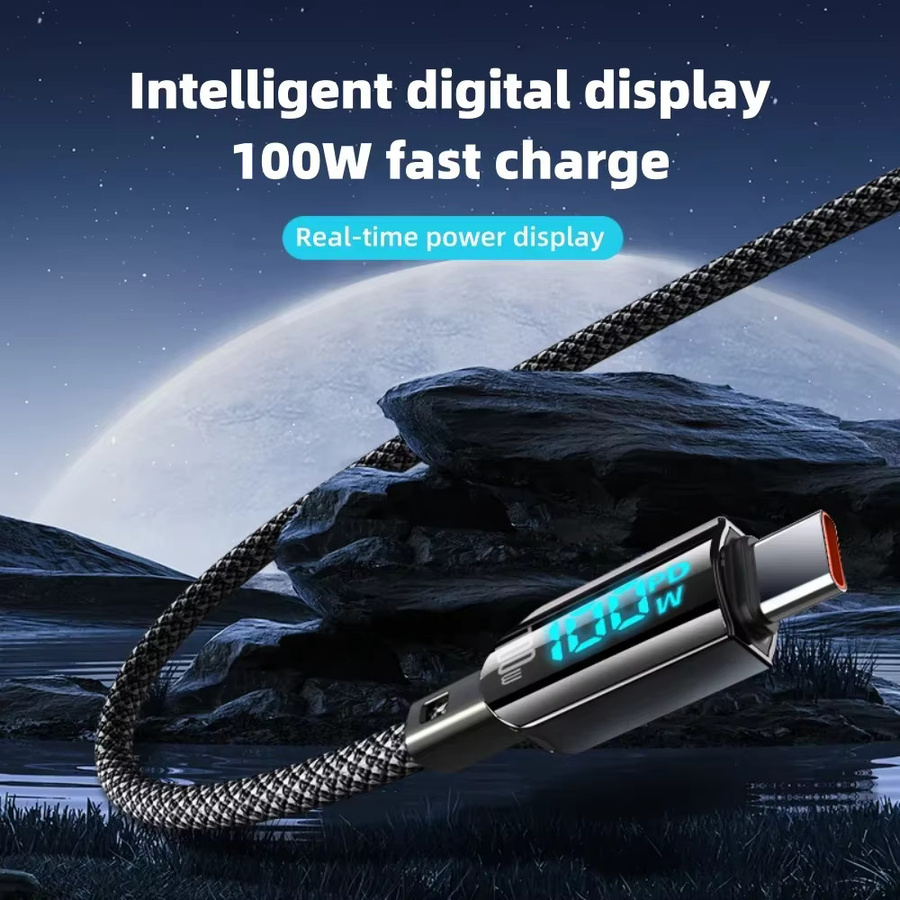 100W USB-C auf USB-C Ladekabel mit LED-Digitalanzeige und PD-Schnellladung, geflochtenes Datenkabel in Schwarz - Bild 2
