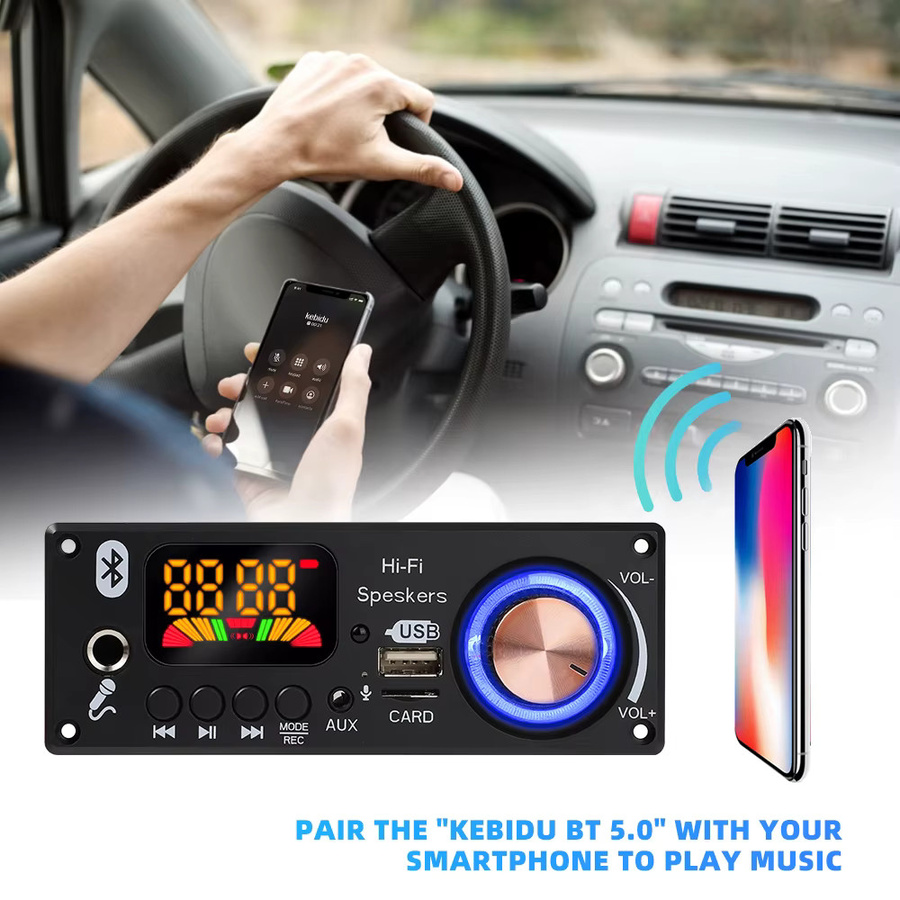 Kebidu Bluetooth 5.1 MP3 Decoder Board mit Freisprecheinrichtung, USB, TF, FM und 6,5mm Mikrofon Anschluss, Schwarz - Bild 5
