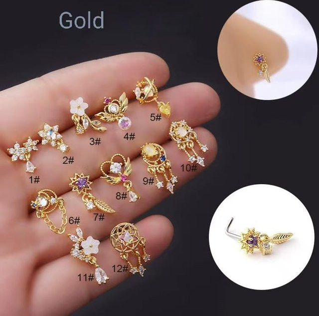 Lucky Star Jewelry Nasenstecker L-förmig, Edelstahl, Gold, Zirkonia, Damen - Bild 1