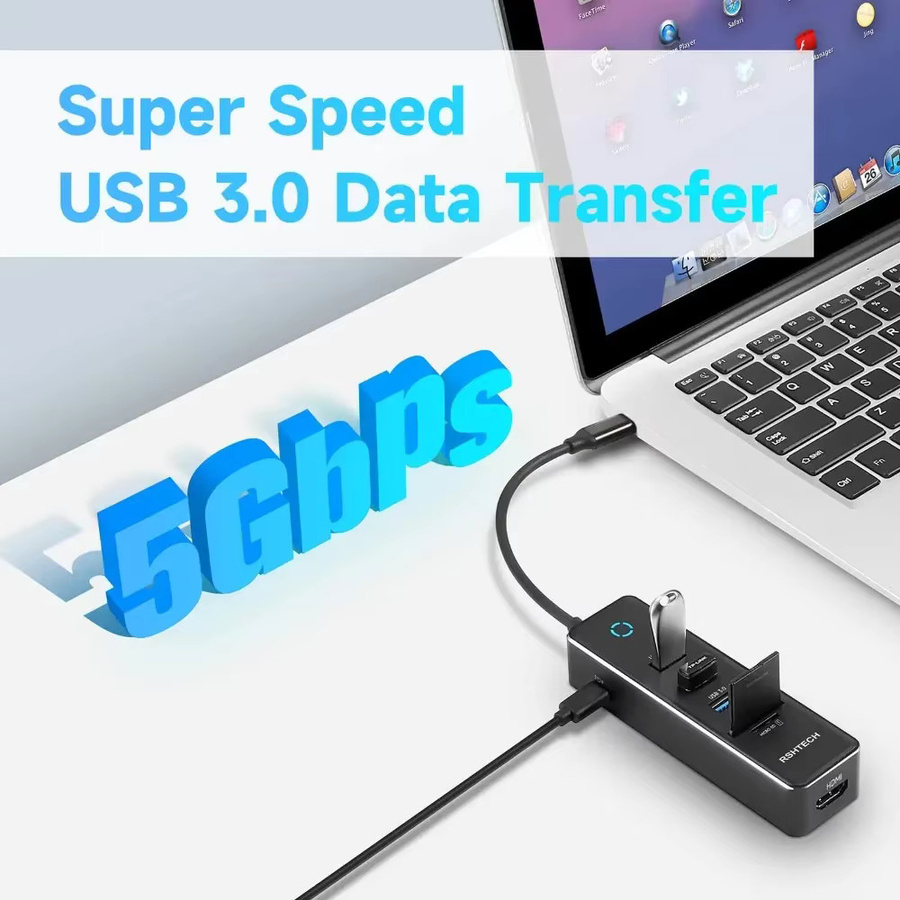 RSHTECH USB-C-Hub-Dongle-Adapter in Silber/Grau mit 4K HDMI, 3x USB 3.0, 100W PD und SD/TF-Kartenleser aus Aluminium für PC und Laptop - Bild 4