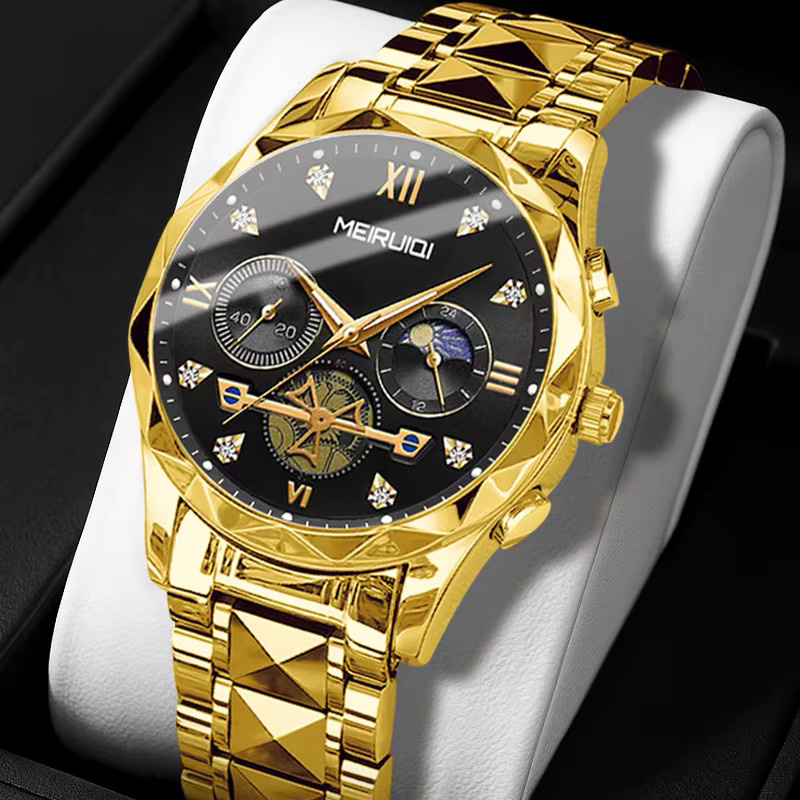 MEIRUIQI Armbanduhr Quarz, Edelstahl, Gold, Schwarz, Herren - Bild 2