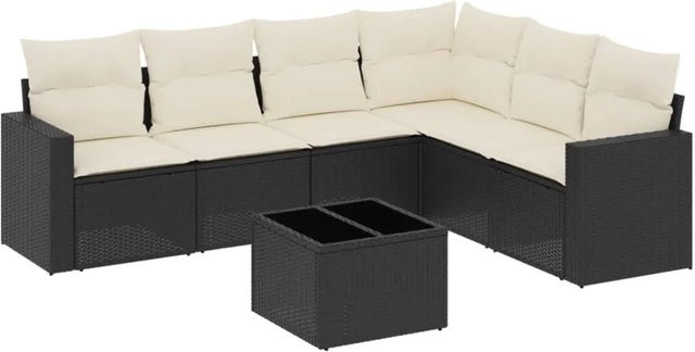 vidaXL 7-teilige Garten-Sofagarnitur aus Poly-Rattan mit Kissen in Schwarz und Cremeweiß - Bild 1