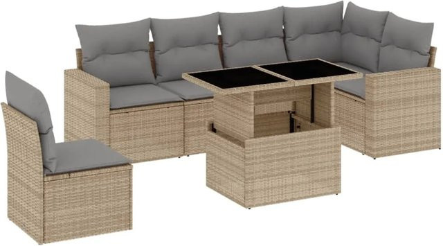 vidaXL 7-tlg. Garten-Sofagarnitur in L-Form aus beigem Poly-Rattan mit UV-beständigen Kissen und pulverbeschichtetem Stahlgestell - Bild 1
