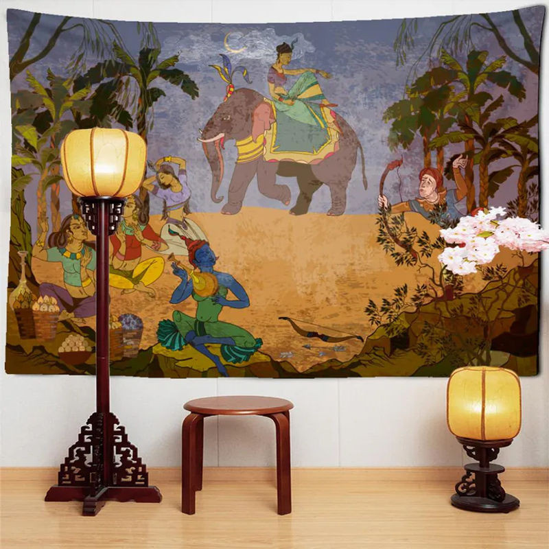 Wandteppich mit chinesischer Antik-Kalender Karte im Retro-Stil, Mehrfarbig, B: 150 cm, H: 100 cm - Bild 1