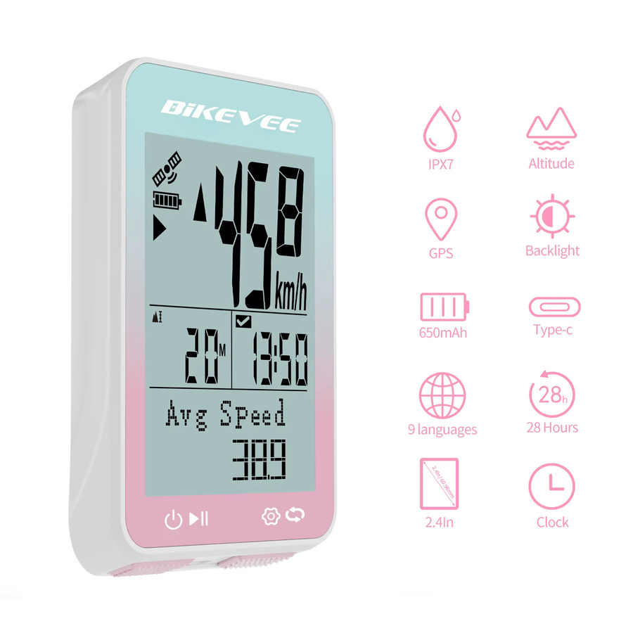 Bikevee Multifunktionaler GPS-Fahrradcomputer in Weiß mit 8 Sprachen und Auto-Hintergrundbeleuchtung als kabelloser Fahrrad-Tachometer und Kilometerzähler - Bild 2