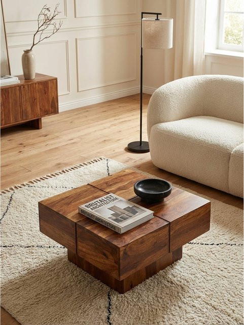 KADIMA DESIGN Couchtisch aus Sheesham Massivholz in Braun mit Rillenmuster, quadratisch, B/T/H: 57,5 x 57,5 x 30 cm - Bild 1