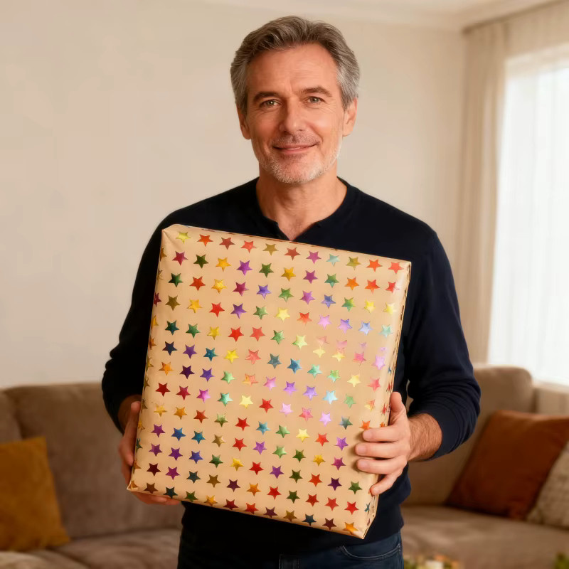 Buntes Geschenkpapier mit Sternmuster in Mehrfarben für Urlaubsverpackungen und Silvester - Bild 2
