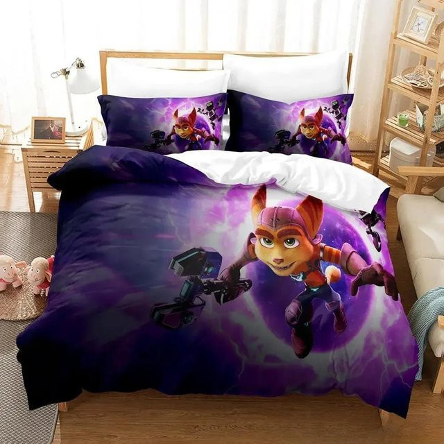 Ratchet Clank Rift Apart Bettwäsche-Set von Binchi Outdoor Product, 3-teiliges Microfaser-Set mit Motiv, Farbe: Lila, B/H: 135 x 200 cm - Bild 1