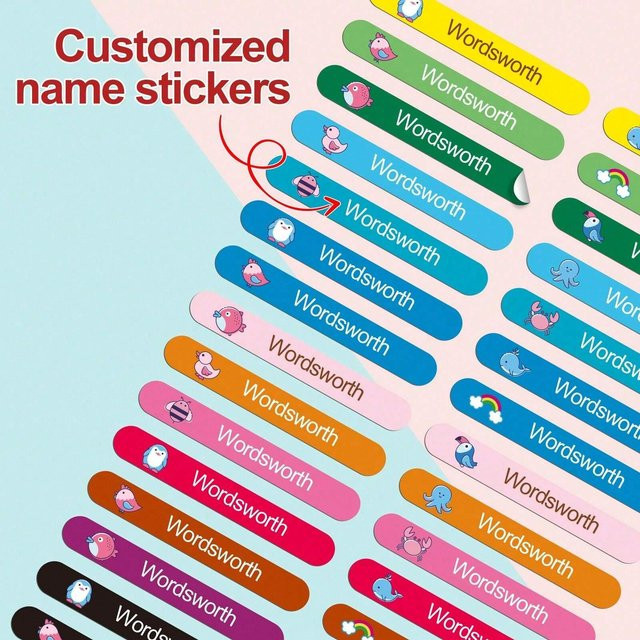 Personalisierte Namensaufkleber für Schulbedarf in Multicolour und Purple, individuelle Namensetiketten mit 3,6 cm Durchmesser zur Beschriftung von Wasserflaschen und Lunchboxen - Bild 1