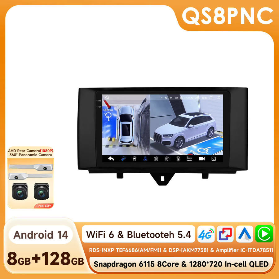 OSSURET Android 14 Autoradio für Smart fortwo 451 (2011-2015), 9 Zoll Display, Snapdragon 6115 Octa Core, kabelloses CarPlay und Android Auto, GPS-Navigation, Bluetooth, DSP, Schwarz - Bild 7