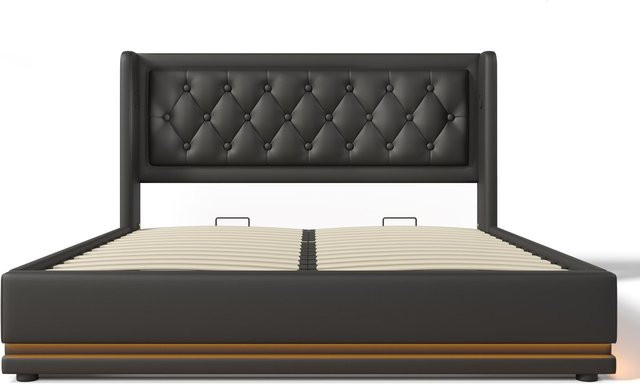 AB Store Polsterbett Doppelbett in Schwarz mit hydraulischem Stauraum, USB-Ladeport und Unterbettbeleuchtung, Kunstleder, H x B x T: 210 x 190 x 101 cm - Bild 1