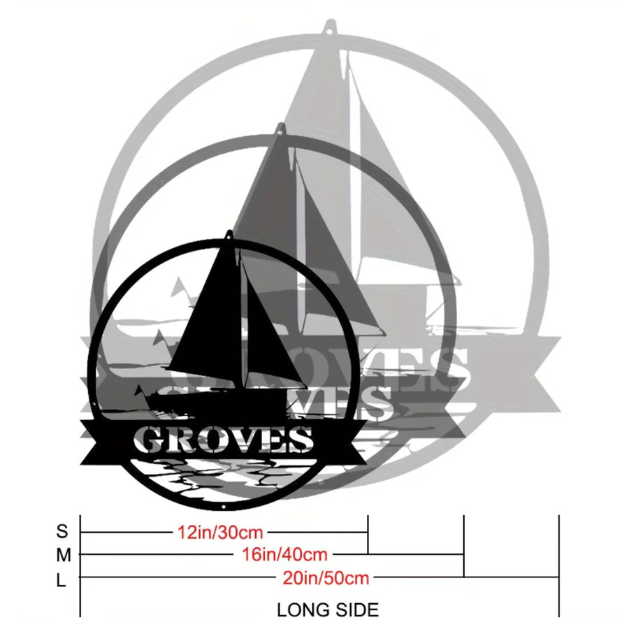 Personalisiertes Metall-Wandkunst-Schild von Hello Young mit nautischem Segelboot-Design und Monogramm in Schwarz, rundes Metall-Namensschild zum Aufhängen - Bild 3