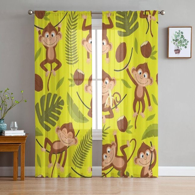 Super Six Transparente Chiffon-Voile-Organza-Fenstervorhänge mit Affen-Motiv in Gelb, Breite: 135 cm, Höhe: 114 cm - Bild 1