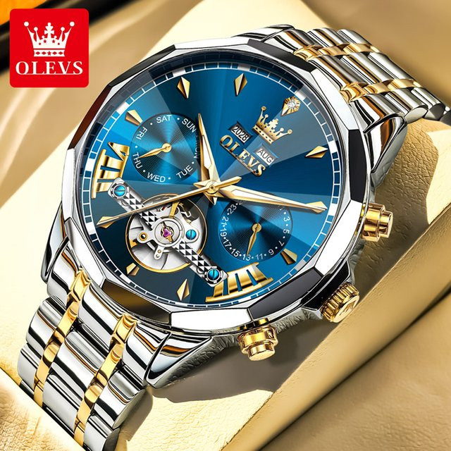 OLEVS Automatik-Armbanduhr, Edelstahl, Blau, Gold, Herren - Bild 1