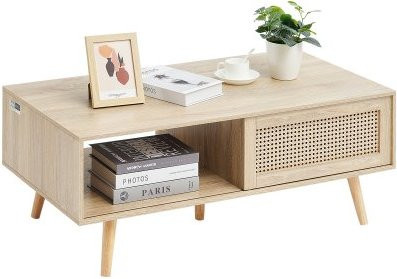 VEVOR Couchtisch im Mid Century Modern Boho Stil aus Rattan und MDF, rechteckiger Couchtisch mit zwei Ablageebenen in Braun und Beige, B/T/H: 105,0 x 55,0 x 41,5 cm - Bild 1