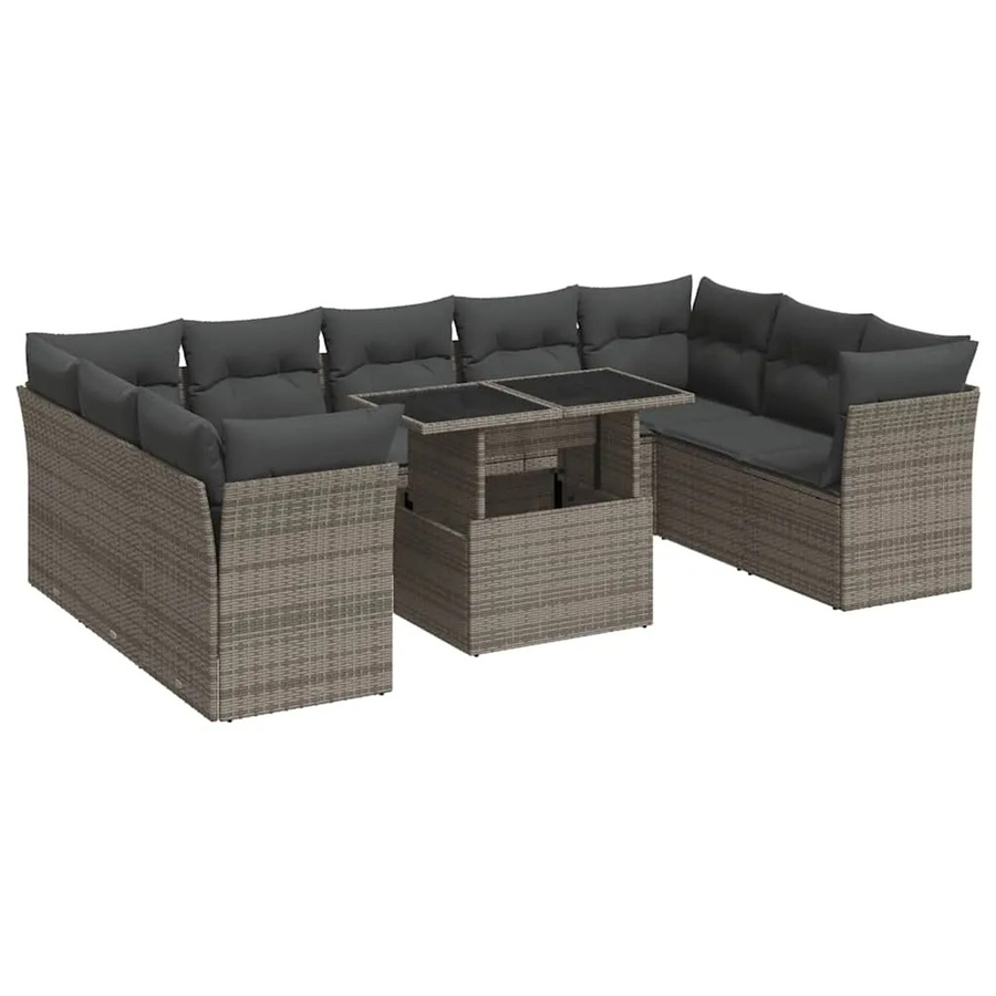 vidaXL 10-teilige Garten-Sofagarnitur in Grau aus Poly-Rattan mit L-Form, Sitzkissen und Tisch mit Stauraum - Bild 2