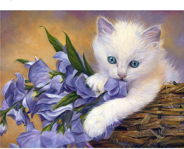 Diamant-Malerei-Set FIYO mit Katzen- und Blumenmotiv in Grau und Multicolour, B/H: 30 x 20 cm - Bild 1