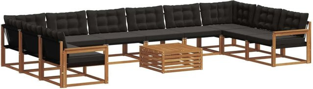 vidaXL Outdoor-Sofagarnitur aus Akazienholz in U-Form mit Textilene und Kissen, 11-teilig, Natur und Schwarz - Bild 1