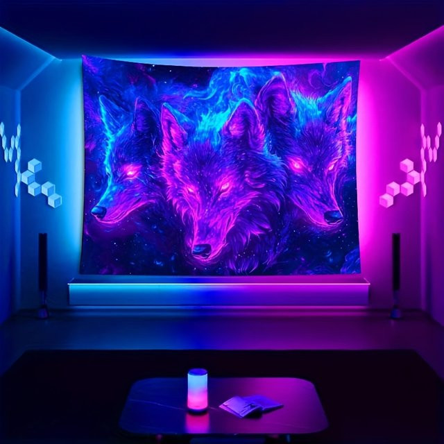 VIKAMA Cyber Wolf Soul Wandteppich mit drei Wölfen in Neon-Optik, Mehrfarbig, B/H: 40 x 60 cm - Bild 1