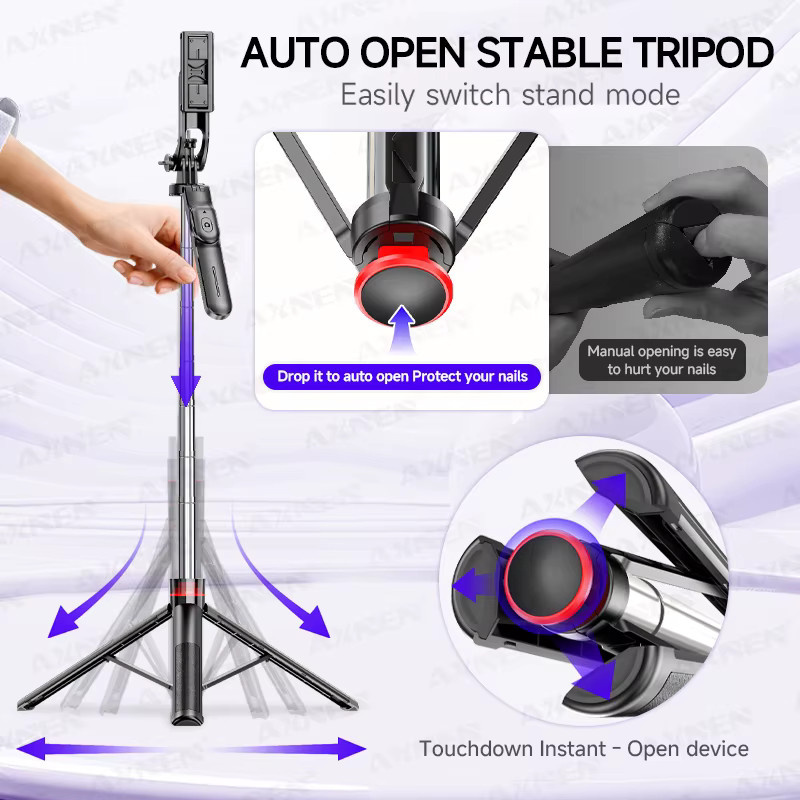 Axnen F05 Auto Pop-Up Selfie-Stick Stativ mit Bluetooth-Fernbedienung und 360 Grad Rotation, Handyhalterung für Telefon-Vlogs in Schwarz - Bild 2