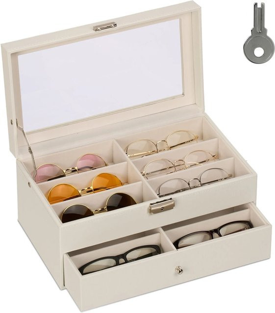 Relaxdays Brillenbox aus MDF für 12 Brillen, Weiß, abschließbar, B: 33,5 cm, T: 15,5 cm, H: 19,5 cm - Bild 1