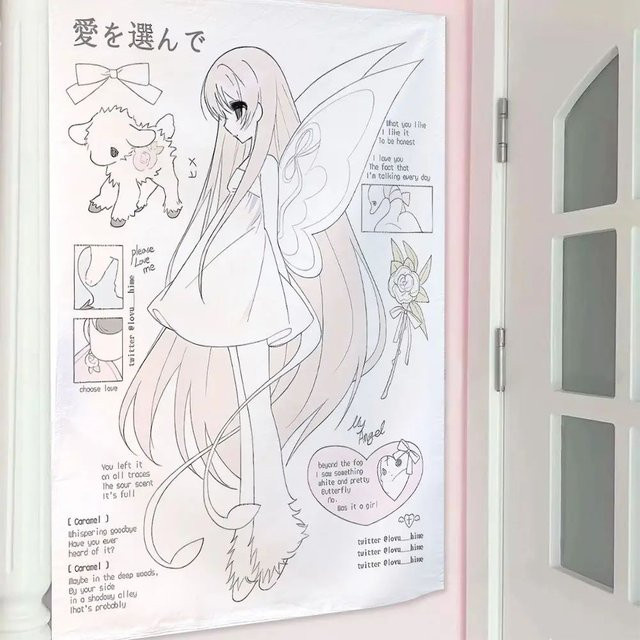 VIKAMA Wandteppich mit Anime-Motiv und niedlichem Mädchen-Illustration in Weiß als moderne Wanddekoration für dein Wohnzimmer, Schlafzimmer oder Spielzimmer - Bild 1