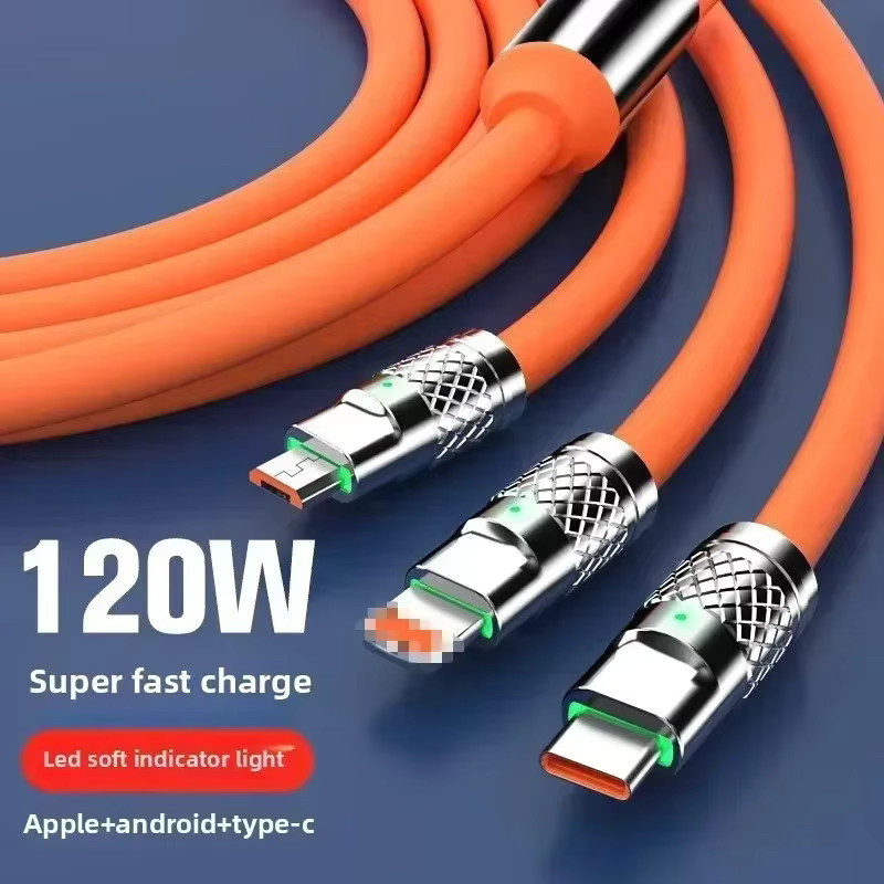 Multifunktionales 3-in-1 Schnellladekabel mit 120 W Leistung, Länge: 1,2 m, Farbe: Orange, geeignet für iPhone, Android, Huawei, Tablet und Laptop - Bild 5