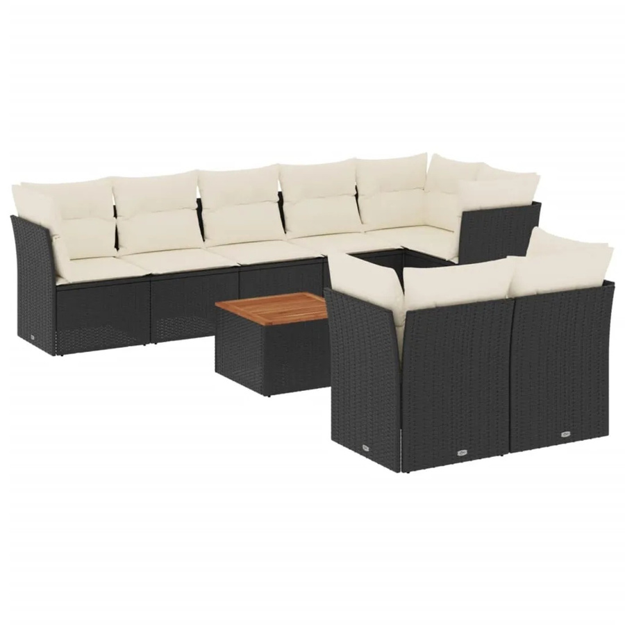 vidaXL 9-teilige Garten-Sofagarnitur in L-Form aus Poly-Rattan und Akazienholz mit Kissen, Schwarz-Creme - Bild 2