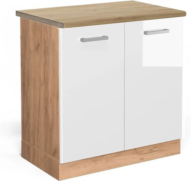 Vicco Spülenunterschrank R-Line Weiß Hochglanz und Goldkraft Eiche, B: 80 cm, T: 60 cm, H: 81,6 cm - Bild 1