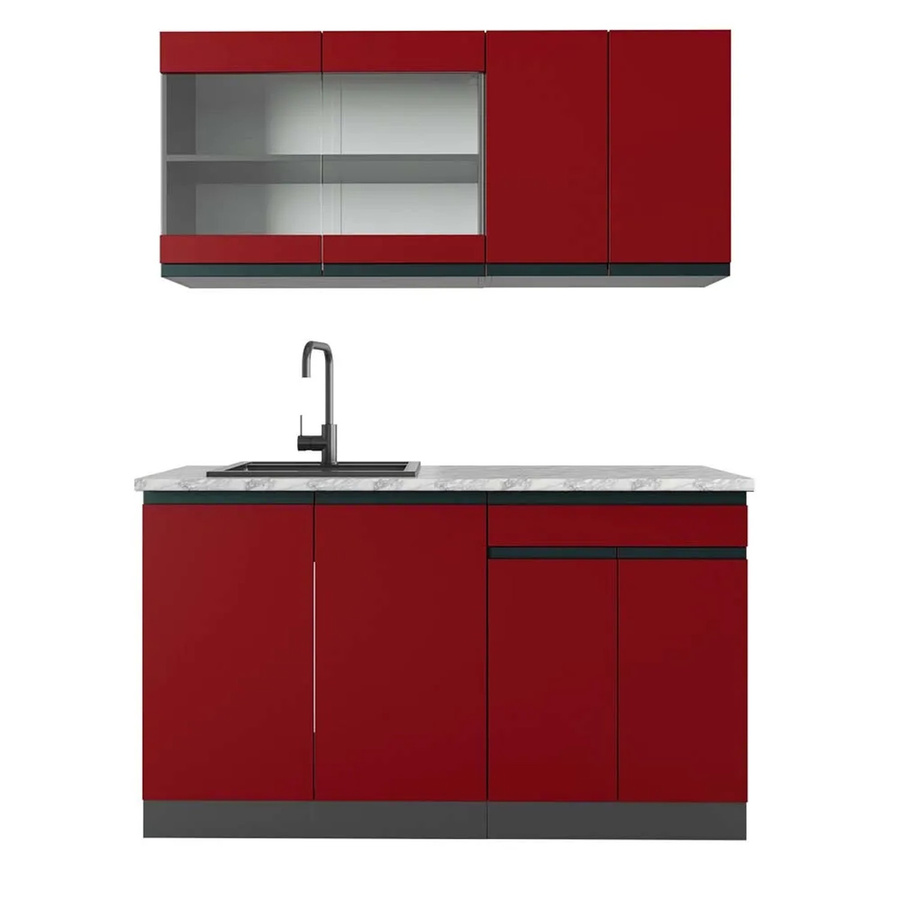 Vicco R-Line Singleküche modern in Rot und Anthrazit mit Marmor-Arbeitsplatte, Breite: 140 cm - Bild 2
