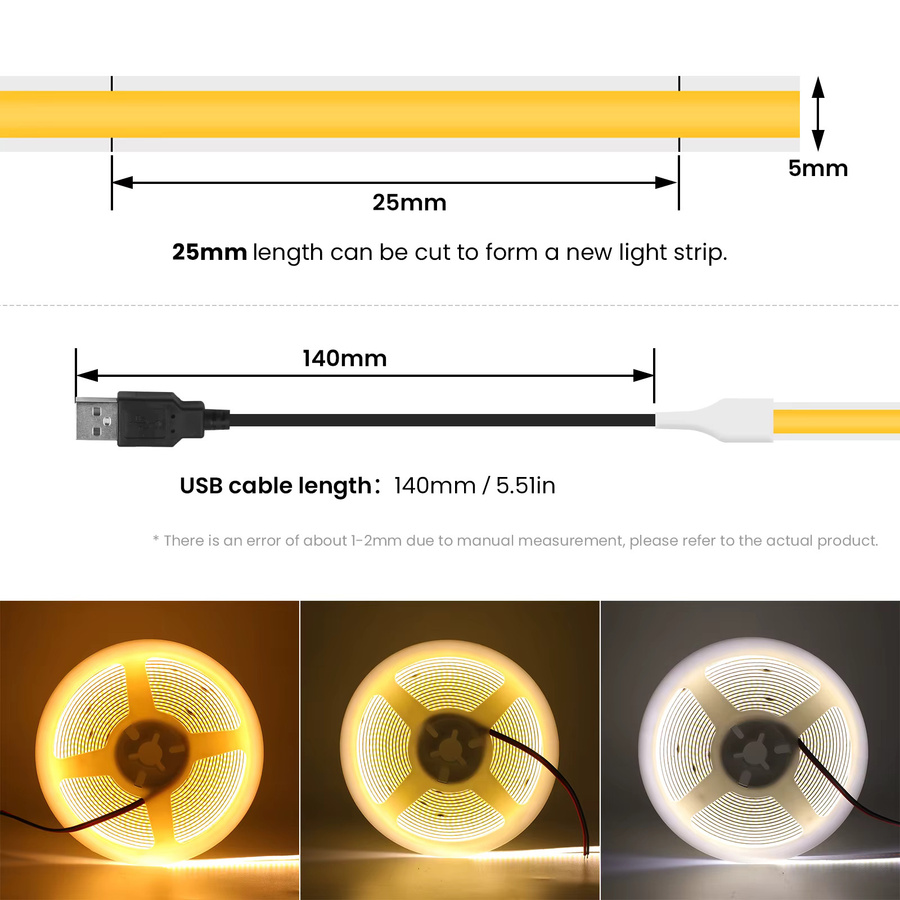 XUNATA USB COB LED-Streifen für TV-Hintergrundbeleuchtung und Dekoration, flexibles LED-Band in Weiß, Blau, Grün, Rot, Gelb oder Multicolour - Bild 6