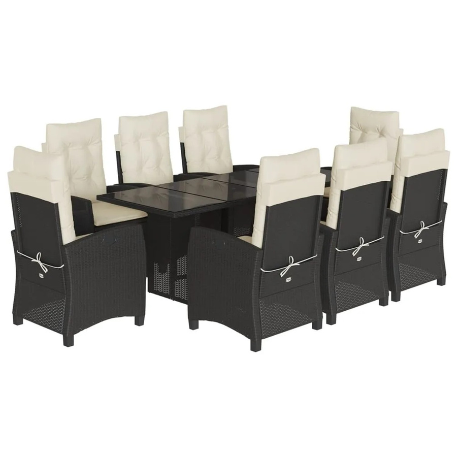 vidaXL 9-teilige Garten-Essgruppe aus schwarzem Poly-Rattan mit Kissen und Hartglas-Tischplatte - Bild 2