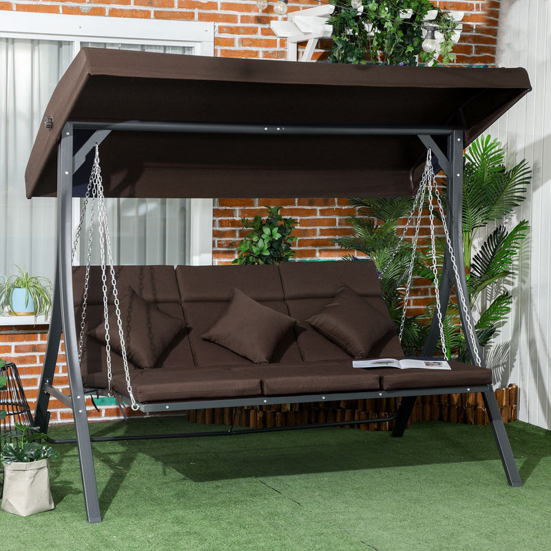 Outsunny Hollywoodschaukel 3-Sitzer mit Sonnendach und Kissen, Braun-Schwarz, B/T/H: 198 x 118 x 168 cm - Bild 2