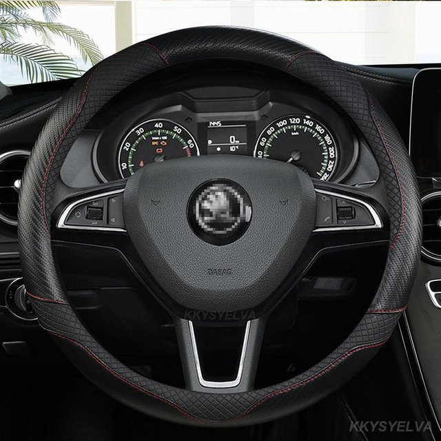 KKYSYELVA Lenkradabdeckung aus Carbon Faser und Leder für Skoda Fabia, Octavia, Yeti, Roomster und Superb, O-Shape, Durchmesser: 38 cm, Farbe: Weiß - Bild 1